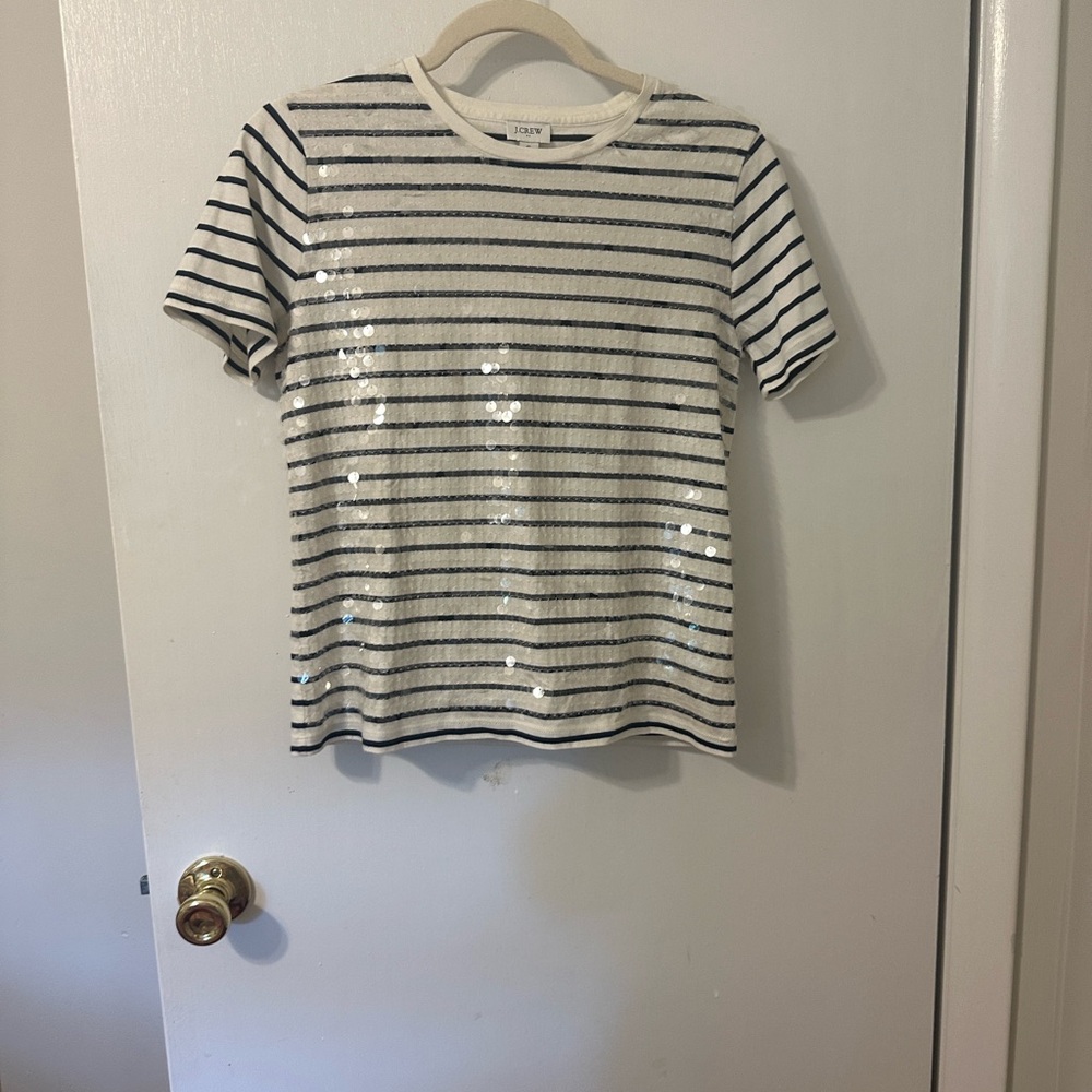 J. Crew Sequin Striped Tee in Navy and White